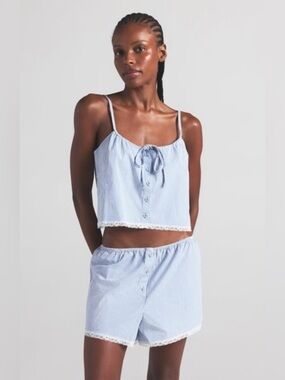 NWT Skims Striped Cotton Poplin Lace-Trim Blue Cami size XL